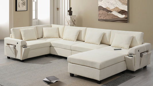 Cream sectional sofa with builtin side storage pockets and cup holders perfect for modern living rooms