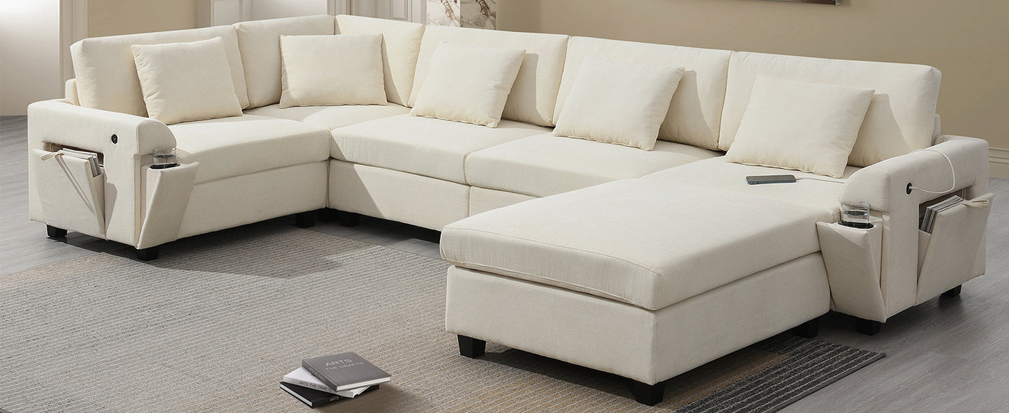 Cream upholstered sectional sofa with builtin cup holder and storage armrests