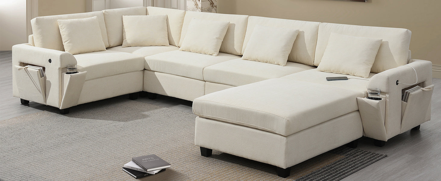 Cream upholstered sectional sofa with builtin cup holder and storage armrests