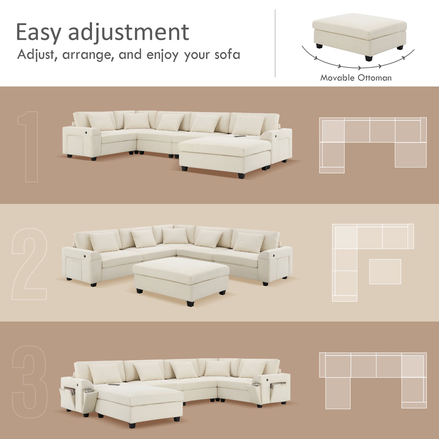 Cream fabric sectional sofa with movable ottoman and storage
