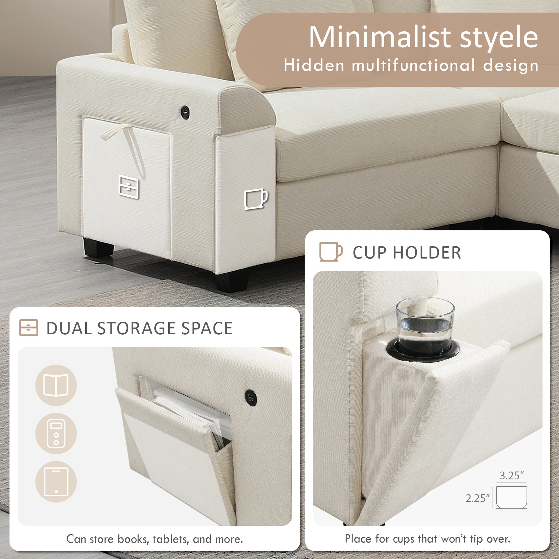 Cream corduroy sofa arm with integrated dual storage pockets for books and tablets