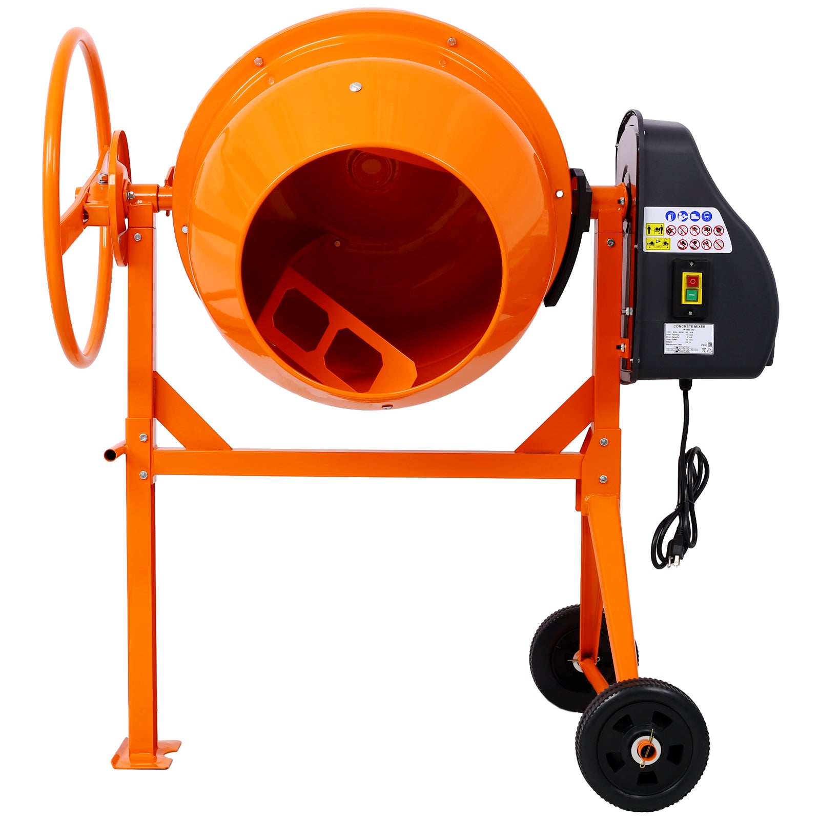 Orange electric concrete mixer with large mixing drum and adjustable wheel