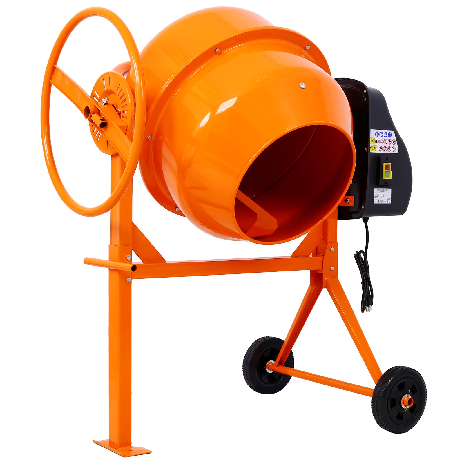 Orange electric concrete mixer with a large mixing drum and tilt wheel
