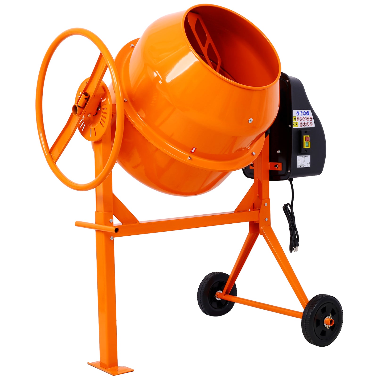 Orange portable cement mixer with steel frame and large mixing drum for construction projects