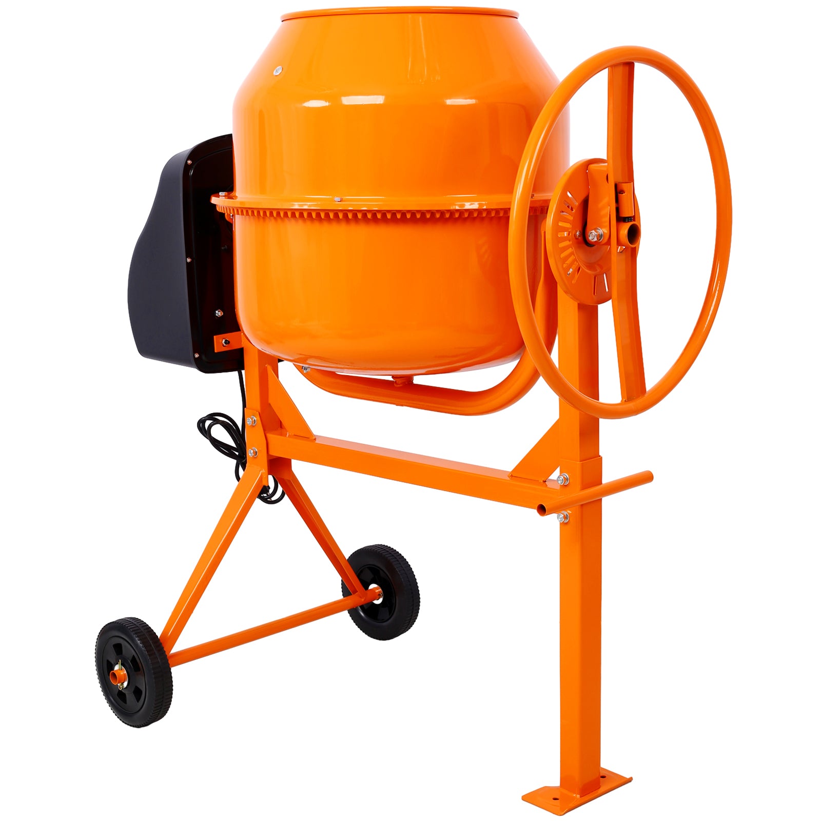 Orange electric cement mixer with a durable metal frame and wheels for easy transport on job sites