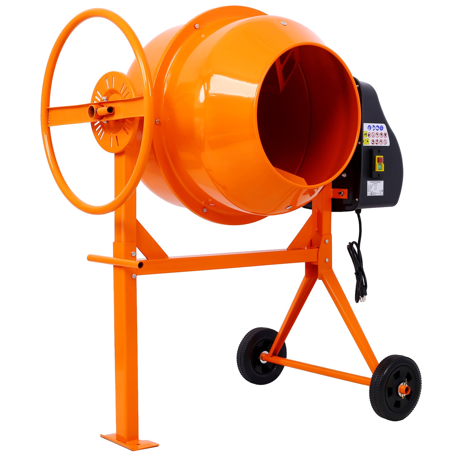 Bright orange portable concrete mixer with large mixing drum and manual wheel for easy tilting