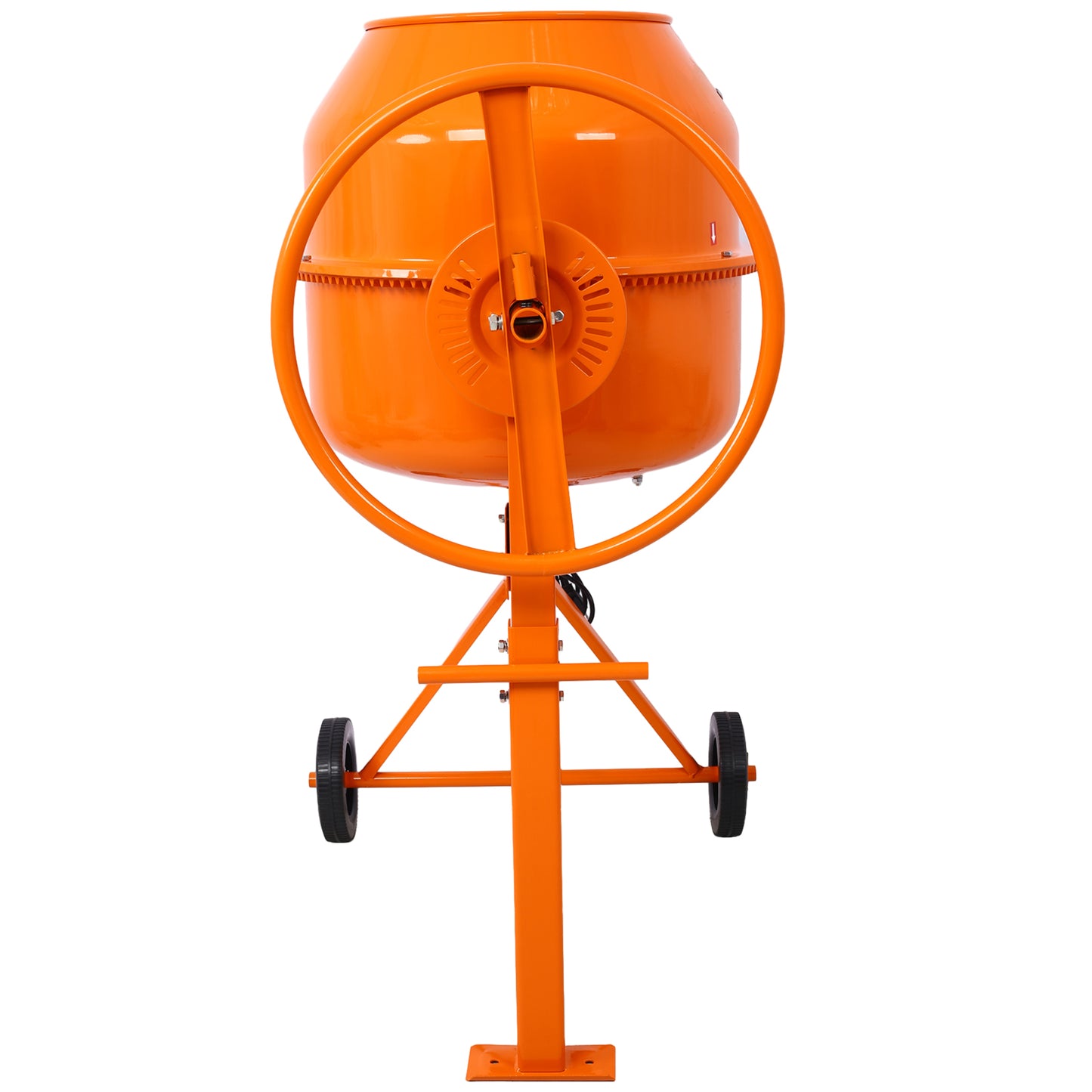 Orange electric cement mixer with large mixing drum and two wheels for portability