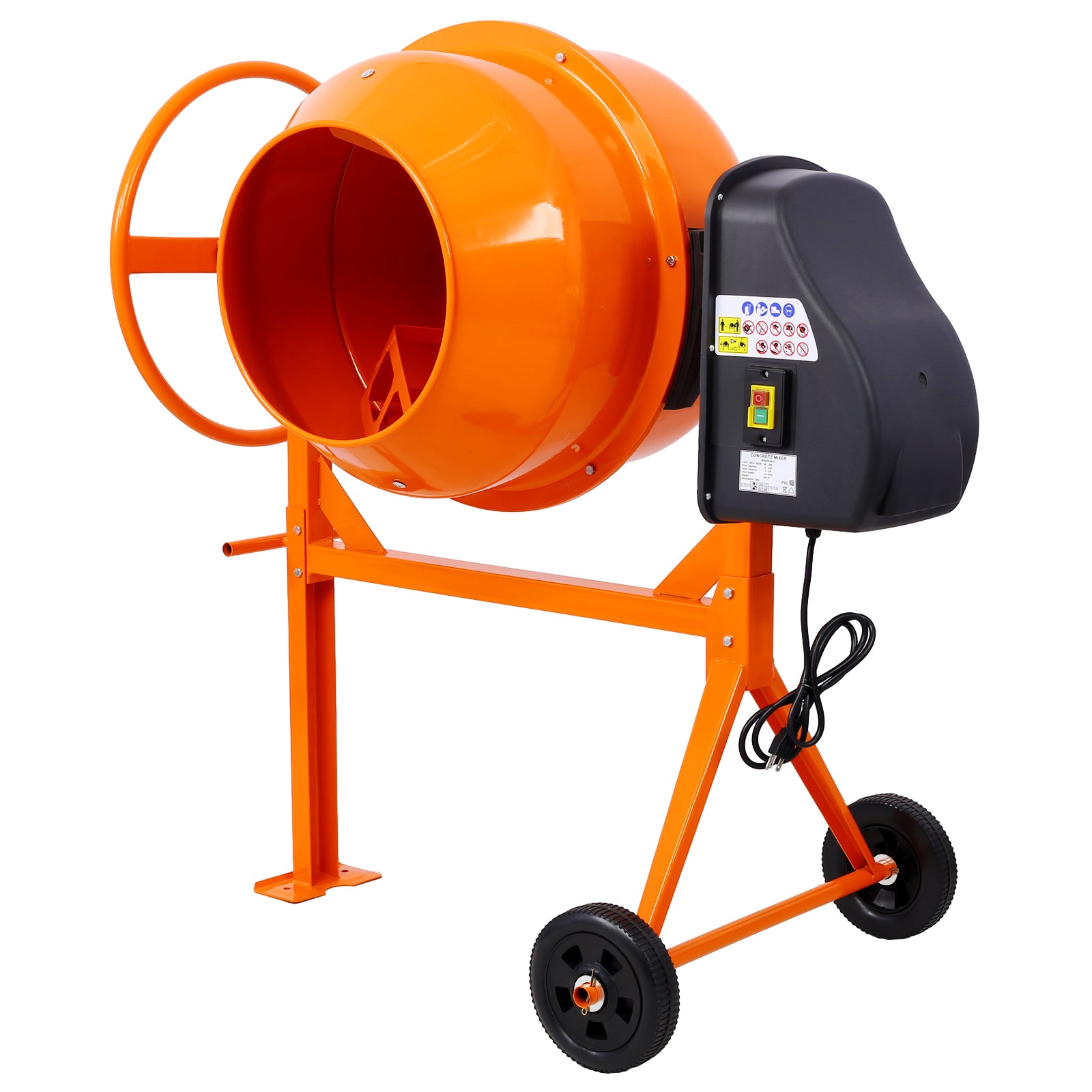 Orange portable concrete mixer with wheels and manual crank