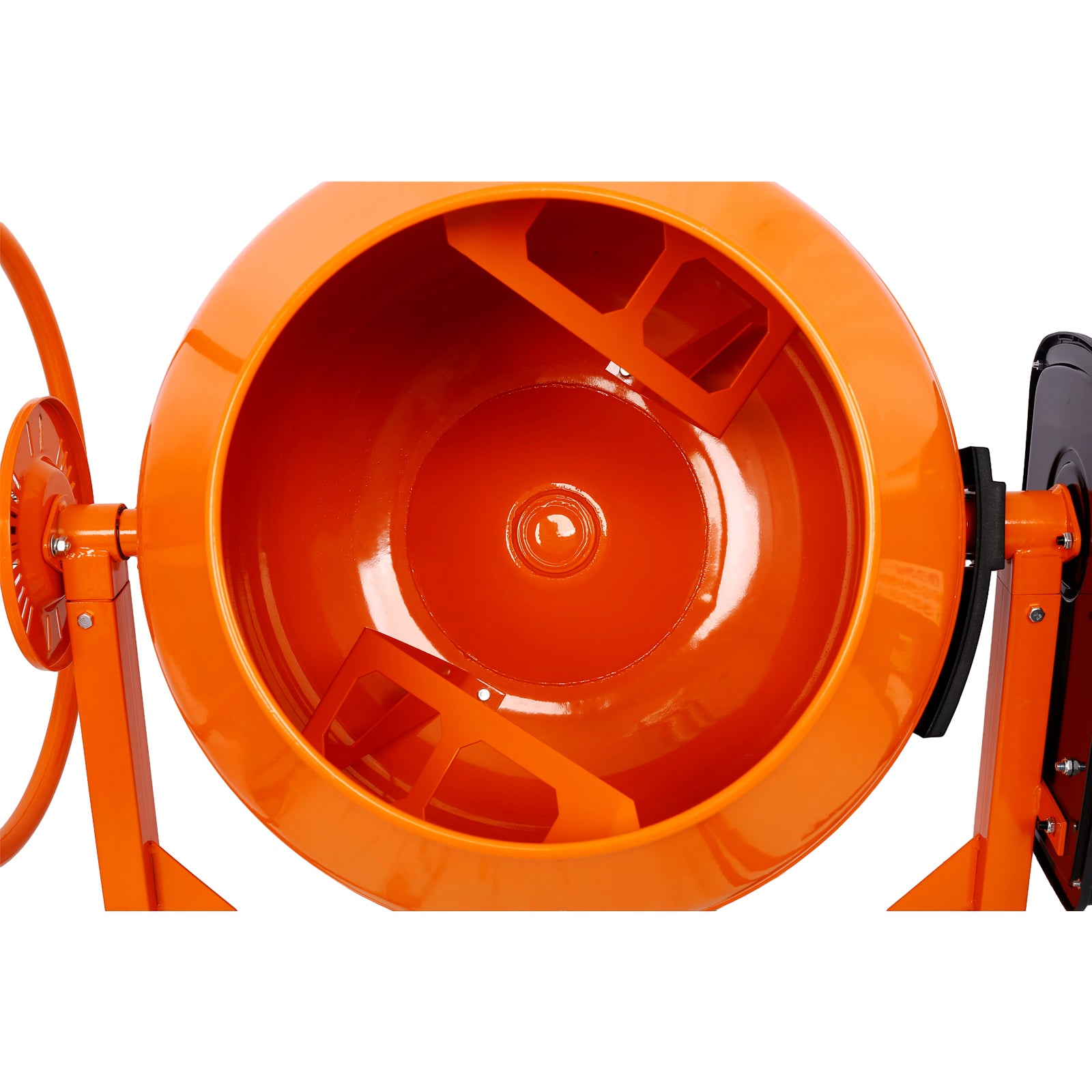 Orange electric cement mixer drum with internal paddles for construction projects