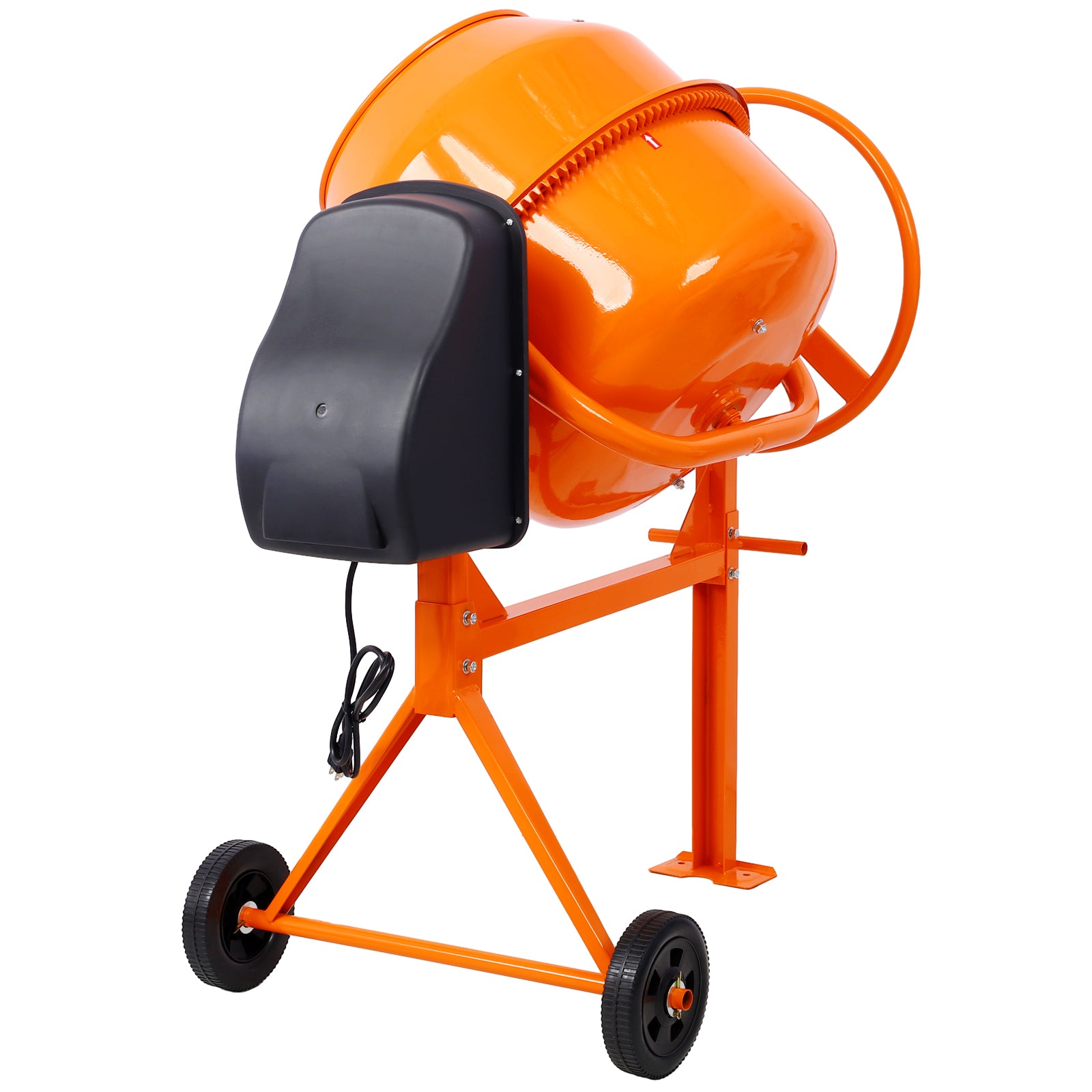 Orange electric cement mixer with black motor housing and wheels for construction