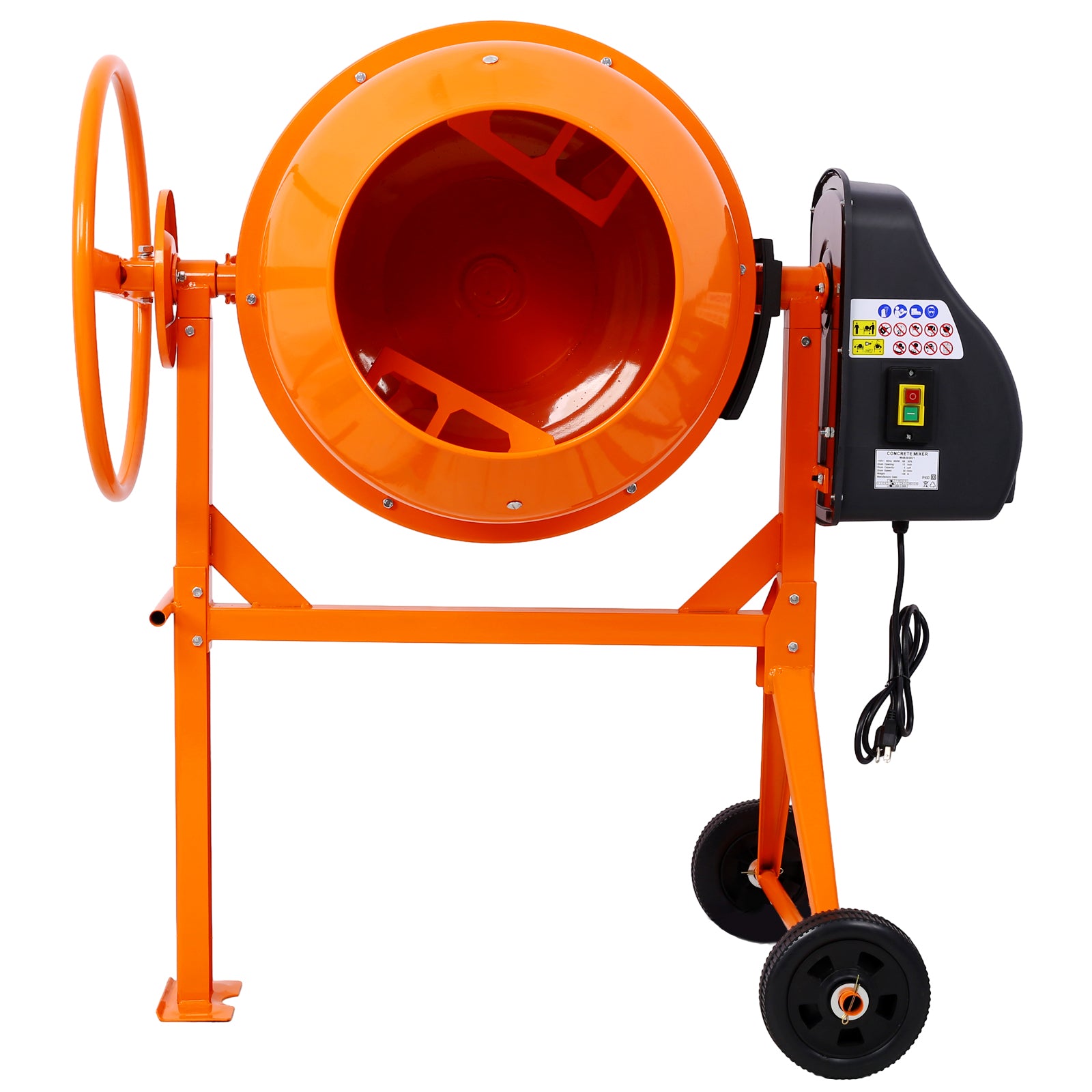Orange portable cement mixer with large mixing drum and manual crank essential for construction sites