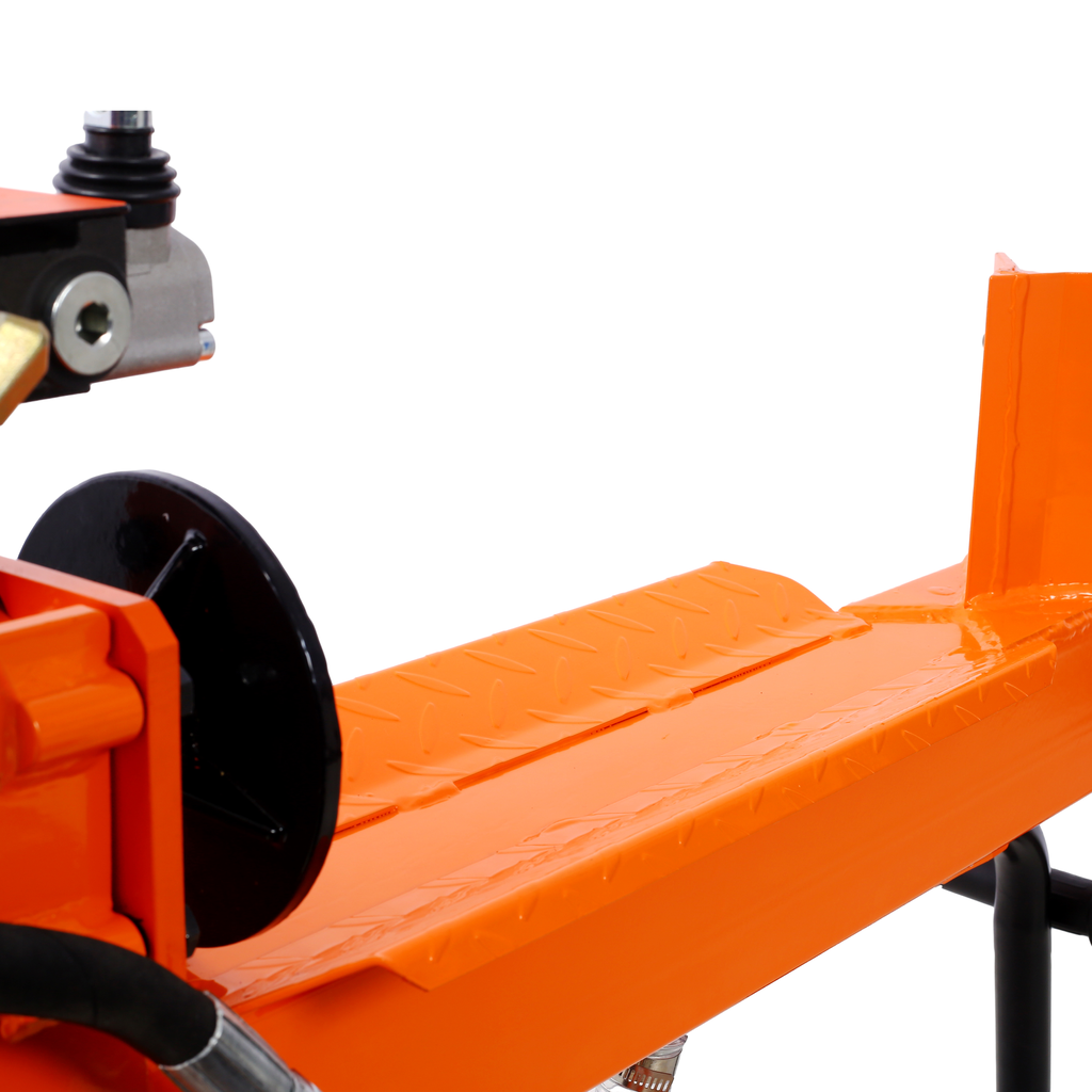 Closeup of orange hydraulic log splitter beam with diamond plate grip