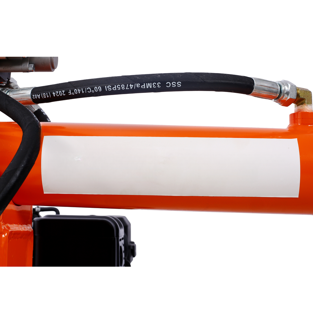 Orange hydraulic cylinder with black hose and blank label part of log splitter