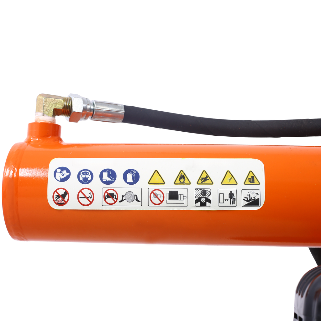 Orange hydraulic cylinder with safety warning stickers and hose fitting