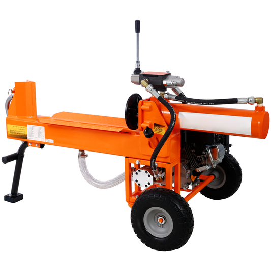 Orange heavyduty log splitter with hydraulic system and engine for efficient wood processing