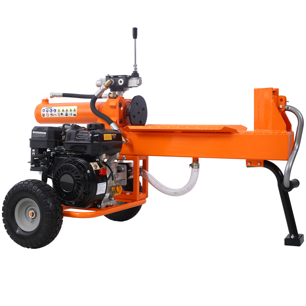 Orange gaspowered log splitter with sturdy frame and large wheels