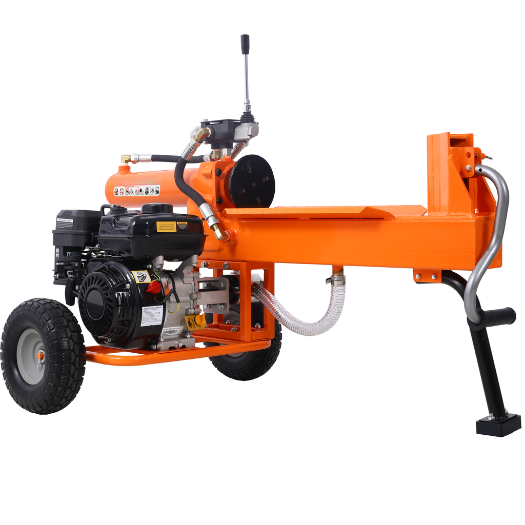 Orange gaspowered log splitter with durable wheels and hydraulic cylinder for efficient wood processing