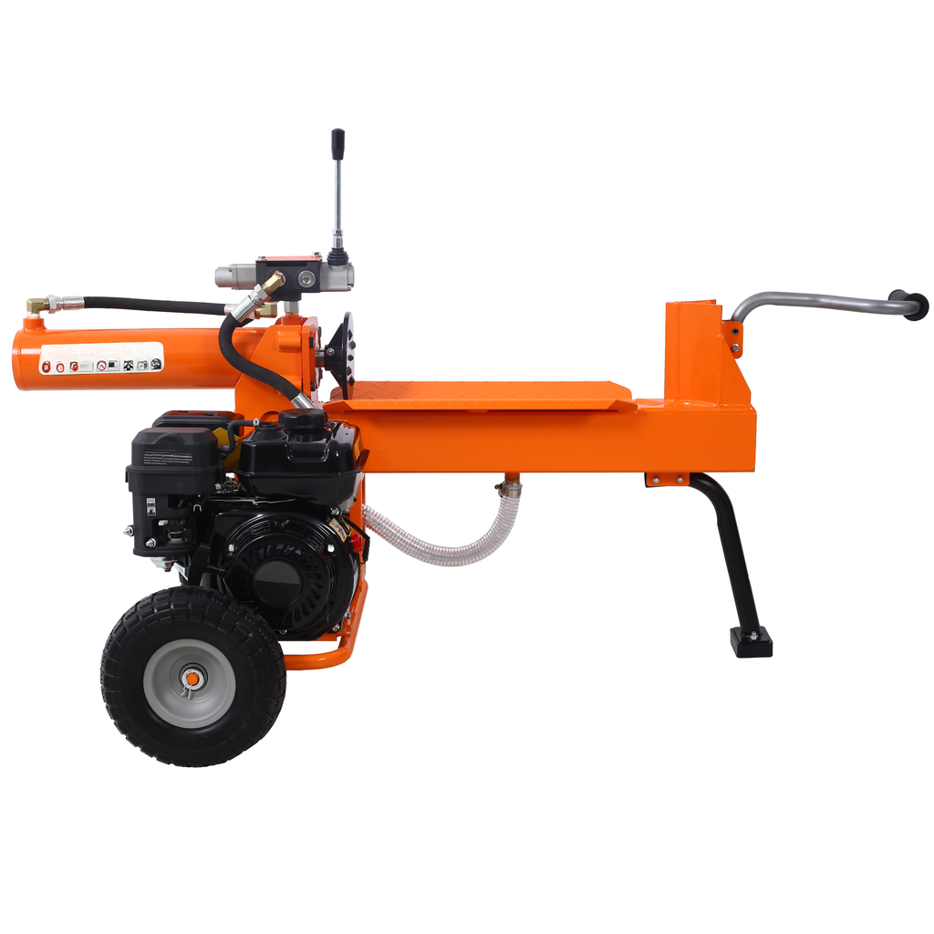 Orange hydraulic log splitter with gas engine and wheel for efficient firewood processing