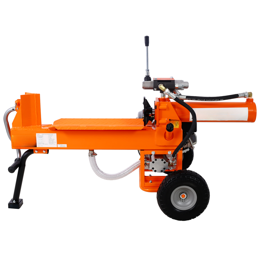 Orange hydraulic log splitter with heavyduty wheels and lever controls
