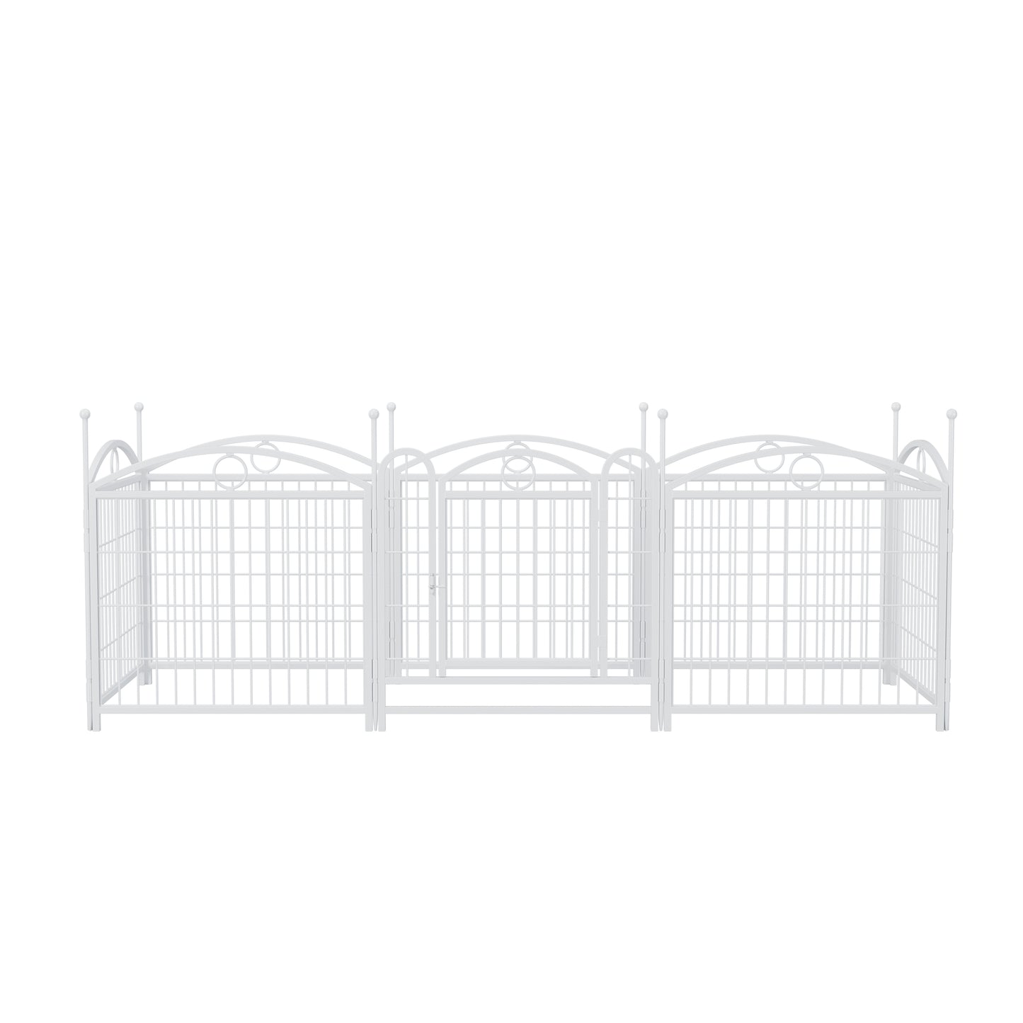White wrought iron outdoor dog playpen with decorative finials and a gate