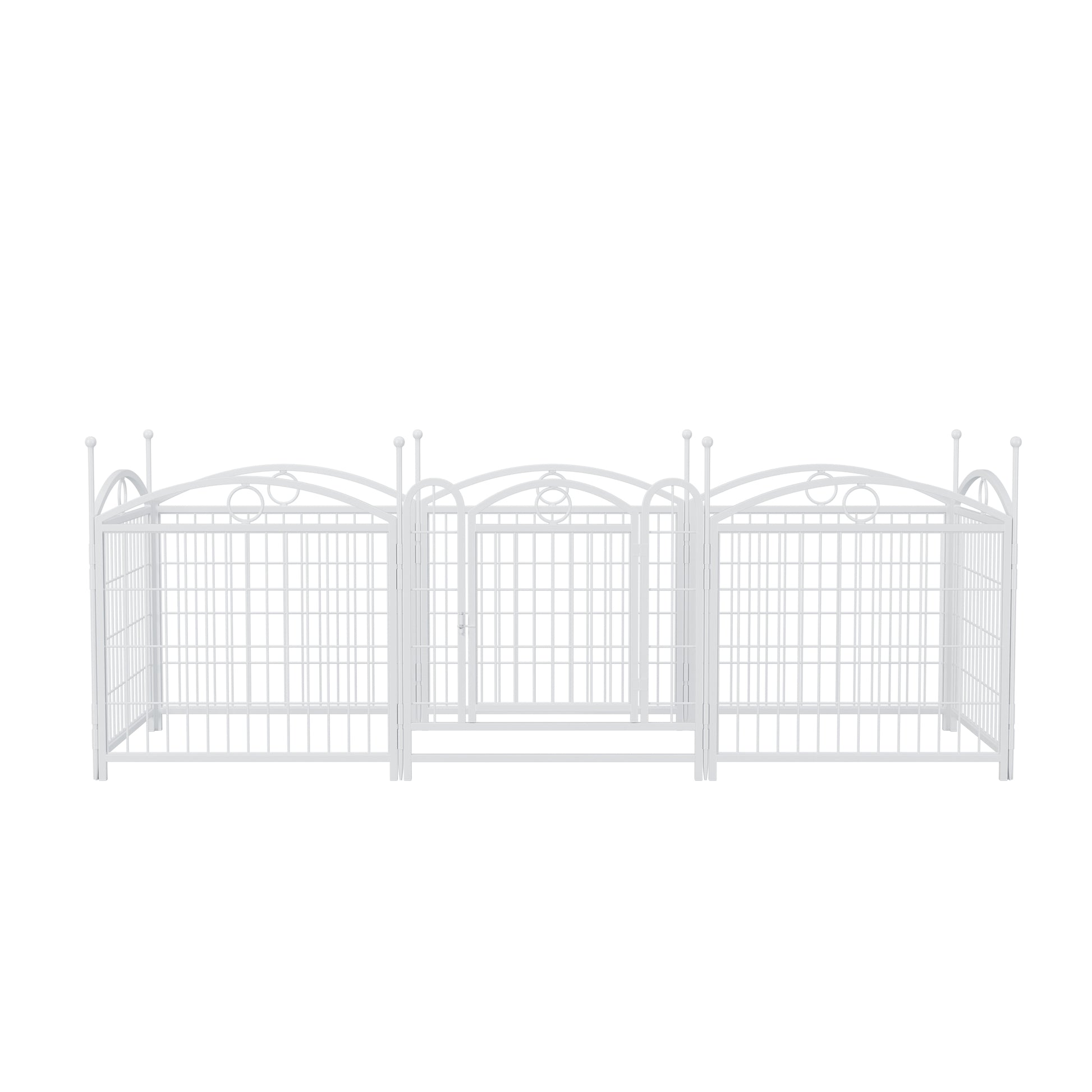 White wrought iron outdoor dog playpen with decorative finials and a gate