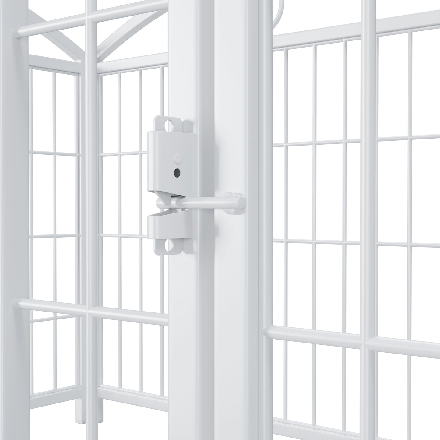 Closeup of a white metal pet gate latch mechanism with a silver lever detail