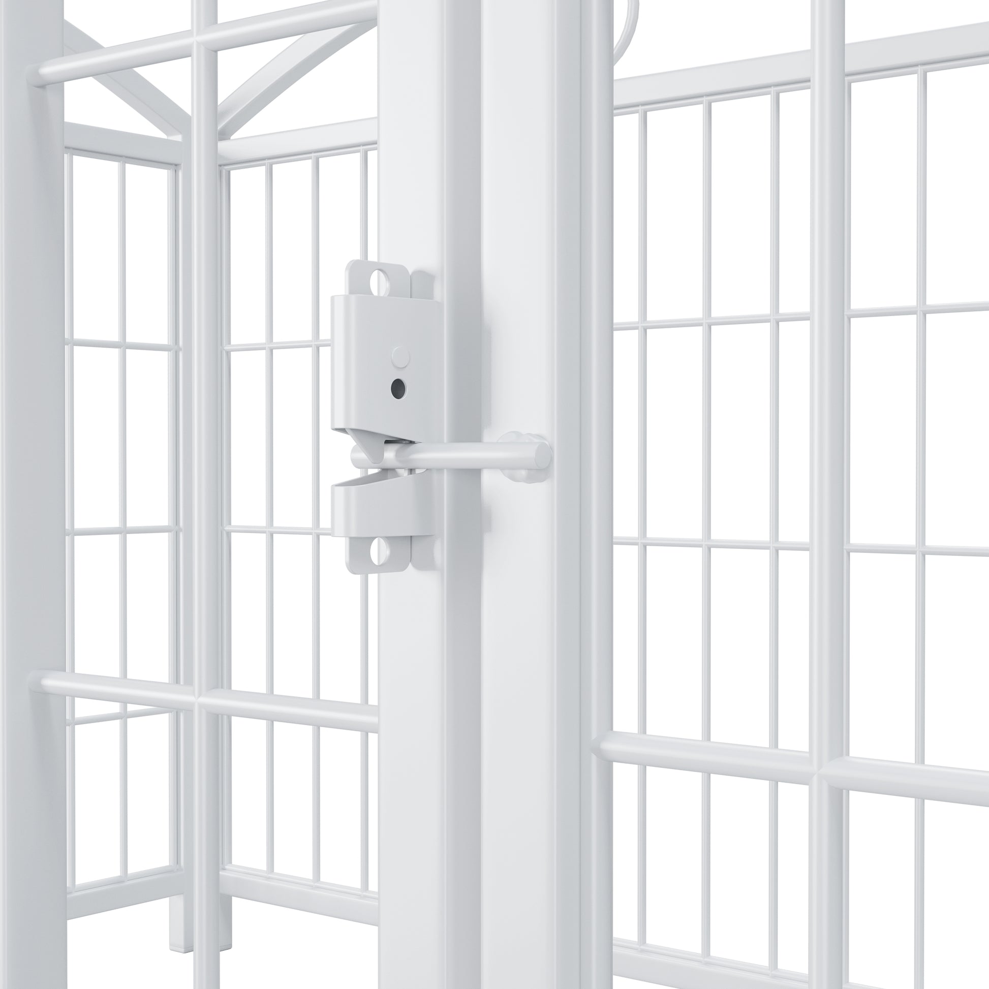 Closeup of a white metal pet gate latch mechanism with a silver lever detail