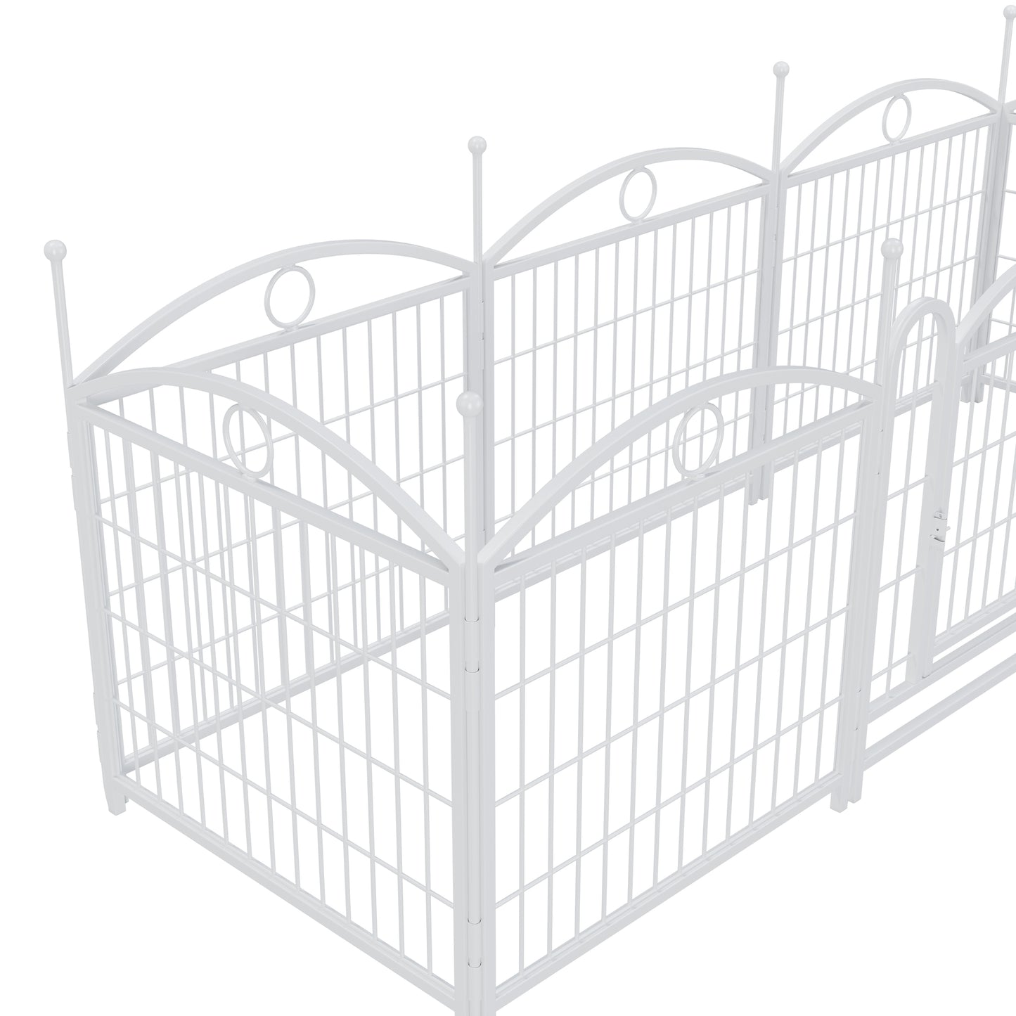 White metal dog playpen with arched top and decorative circles