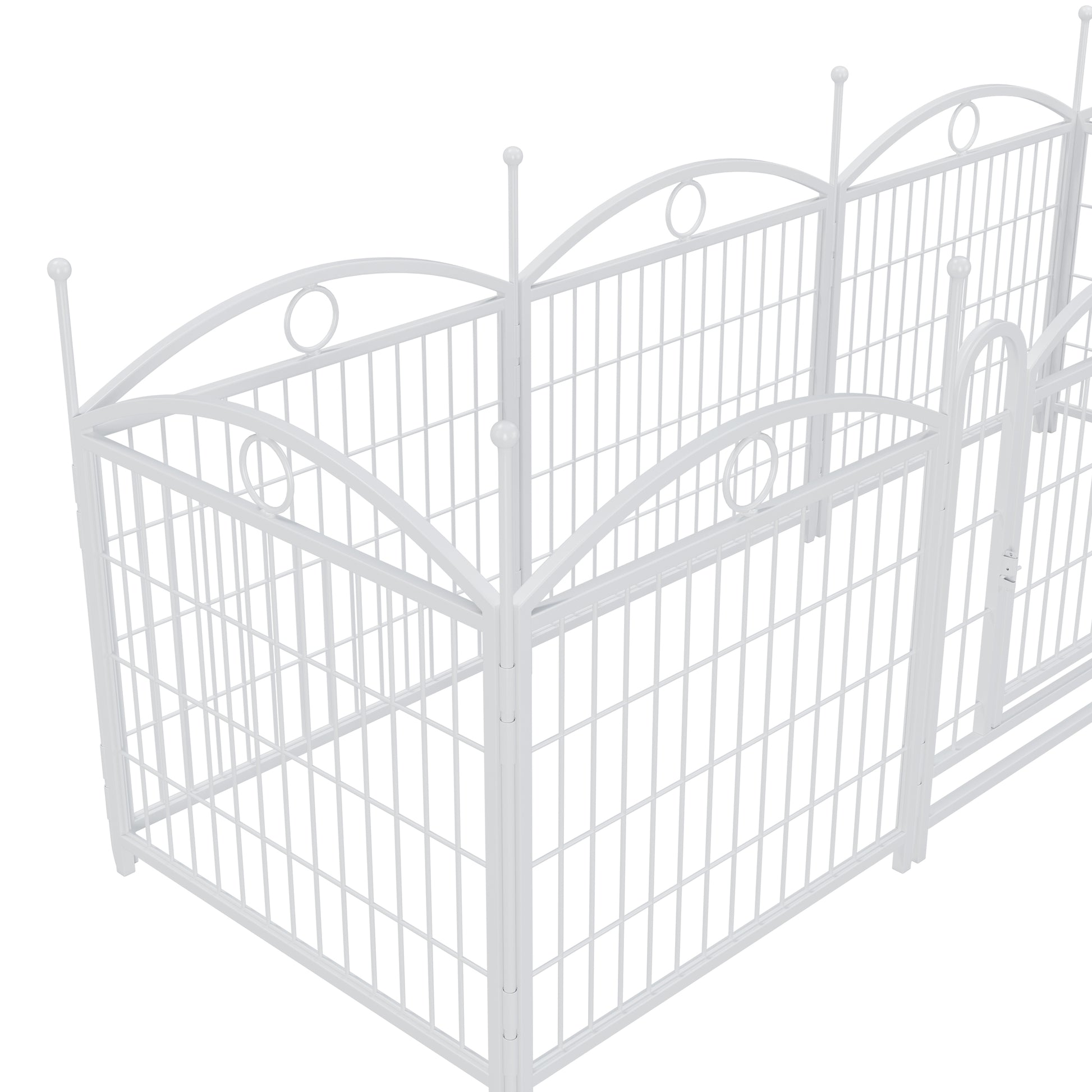 White metal dog playpen with arched top and decorative circles