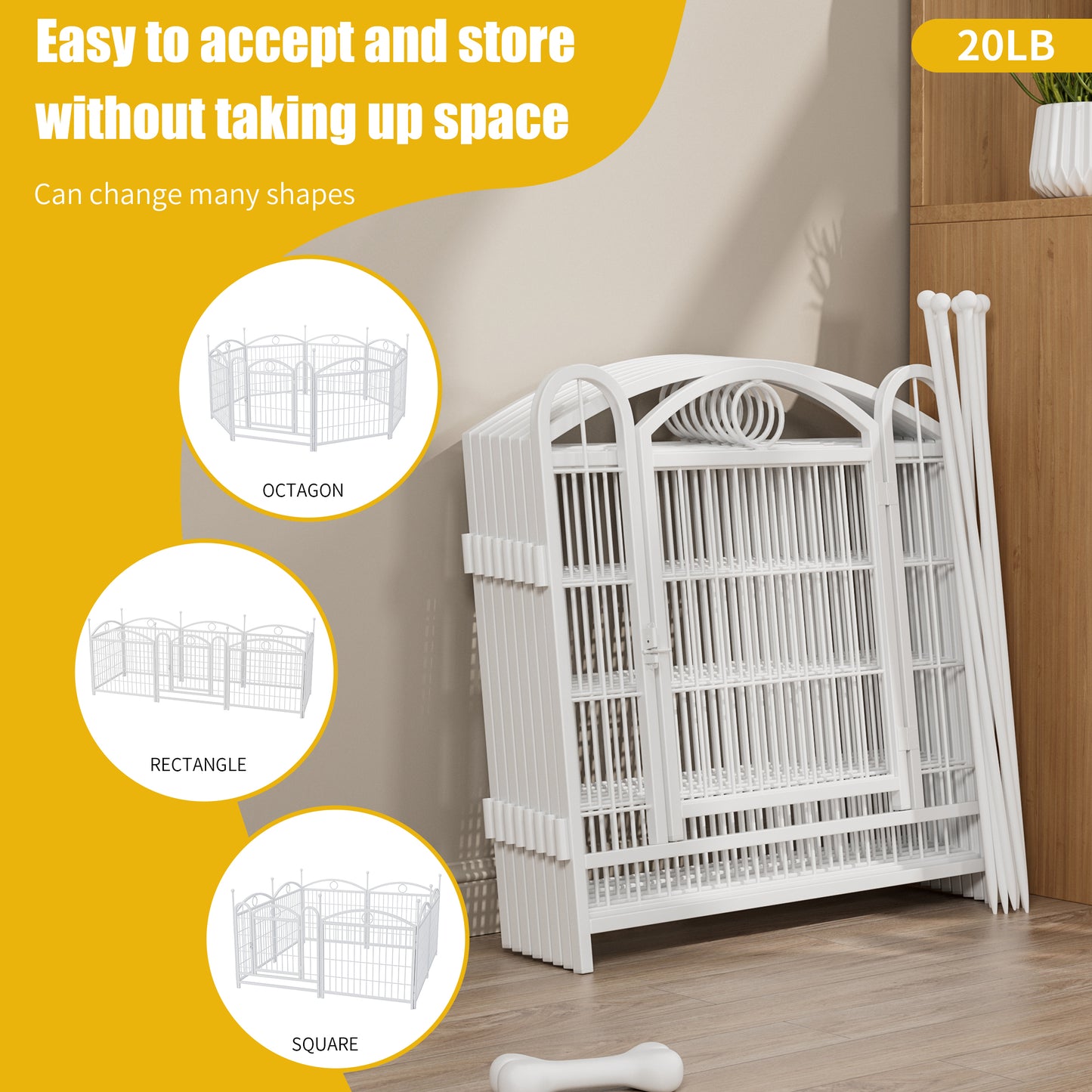 White metal dog playpen folded for storage adaptable for octagon shape