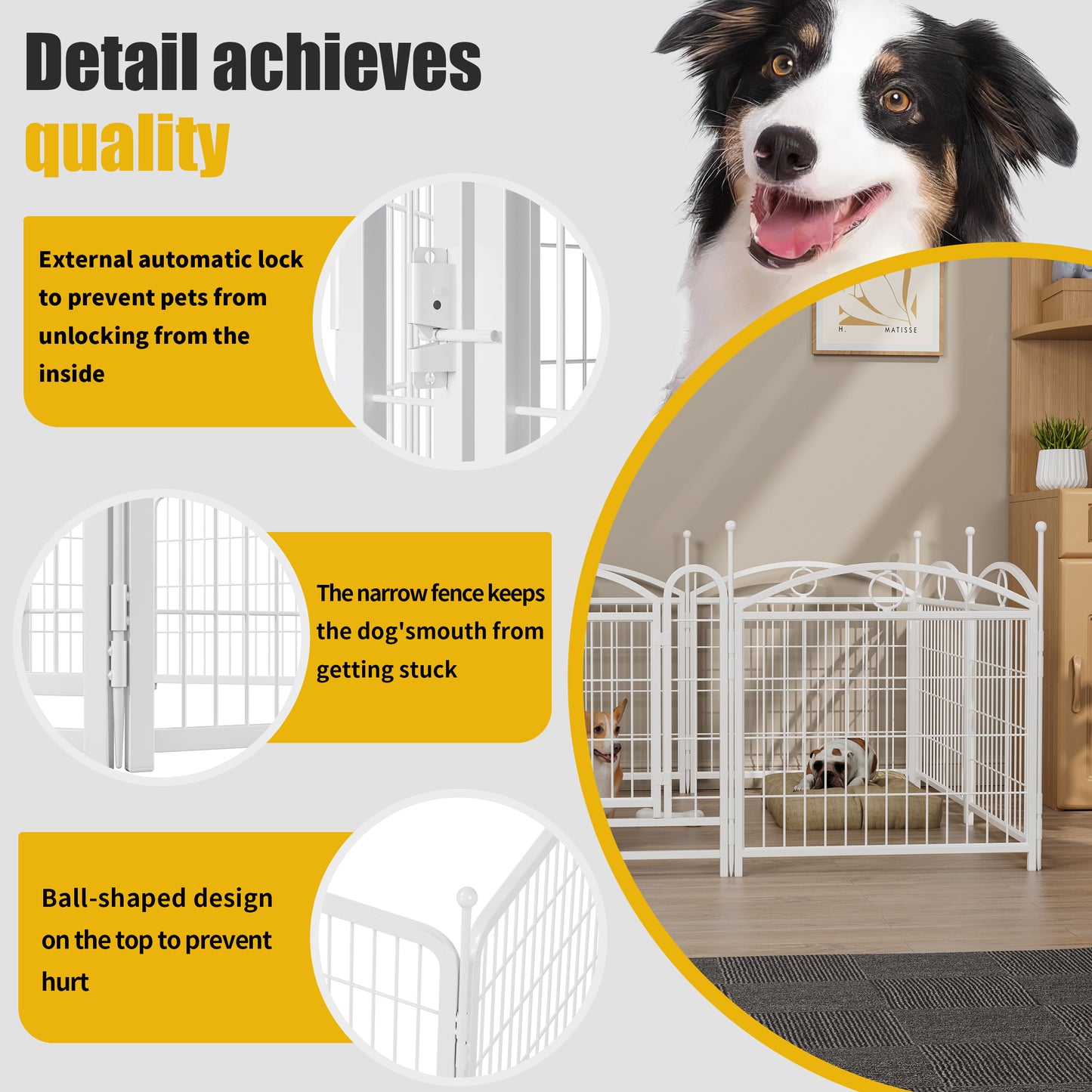 White metal dog fence with external automatic lock for pet safety
