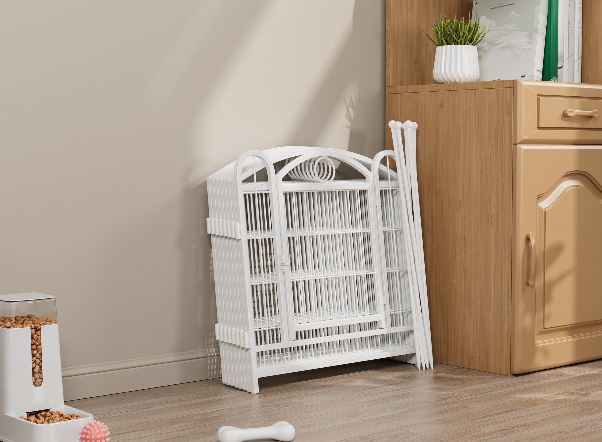 Collapsible white metal pet cage with arched top and intricate wire design