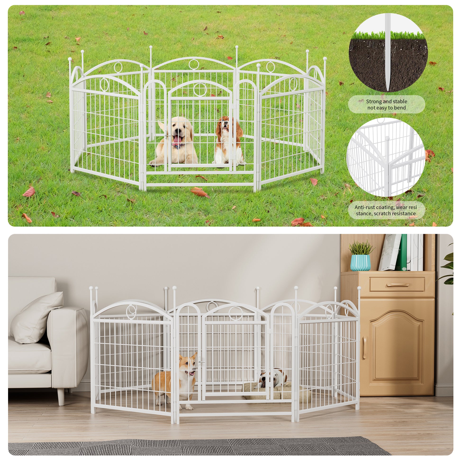White modular metal dog playpen with ornate top arches ideal for indoor or outdoor use