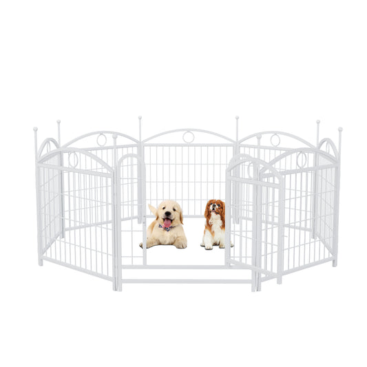 White metal puppy playpen with decorative finials housing two adorable puppies