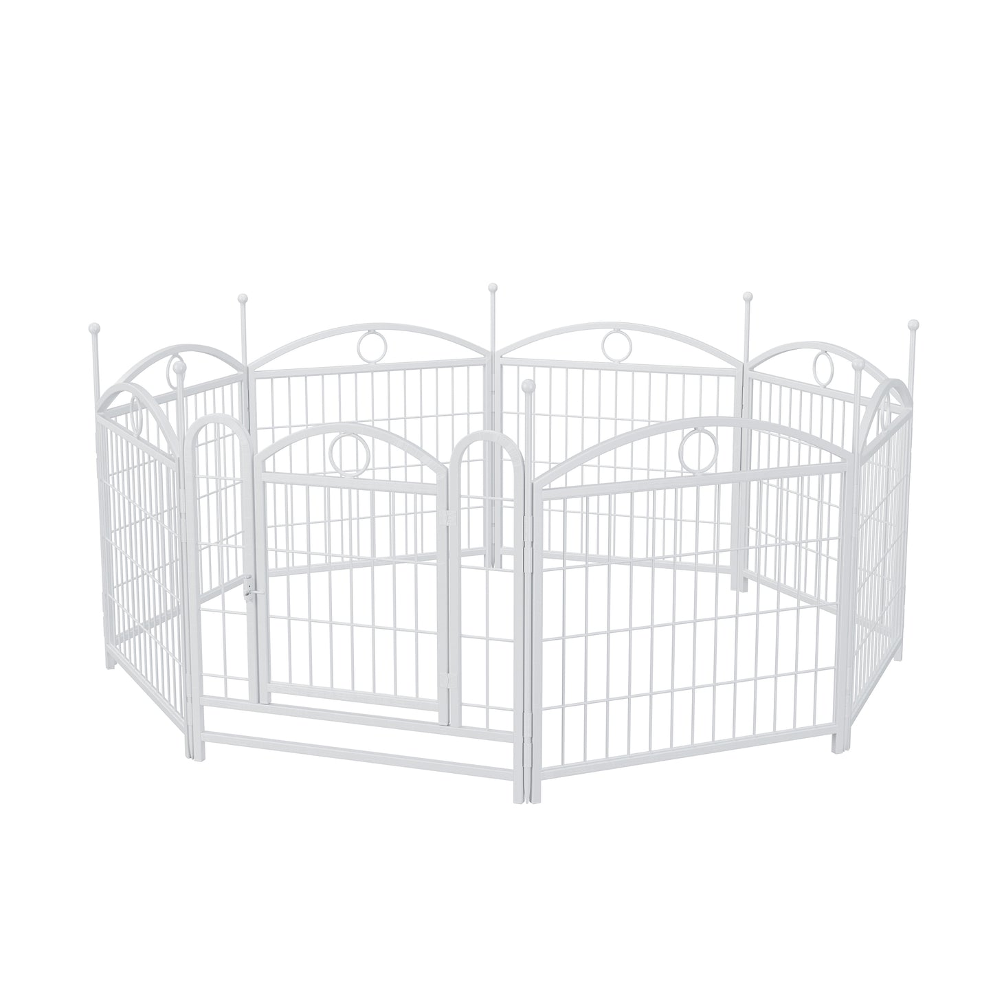 White metal pet playpen with arched top panels and a central gate