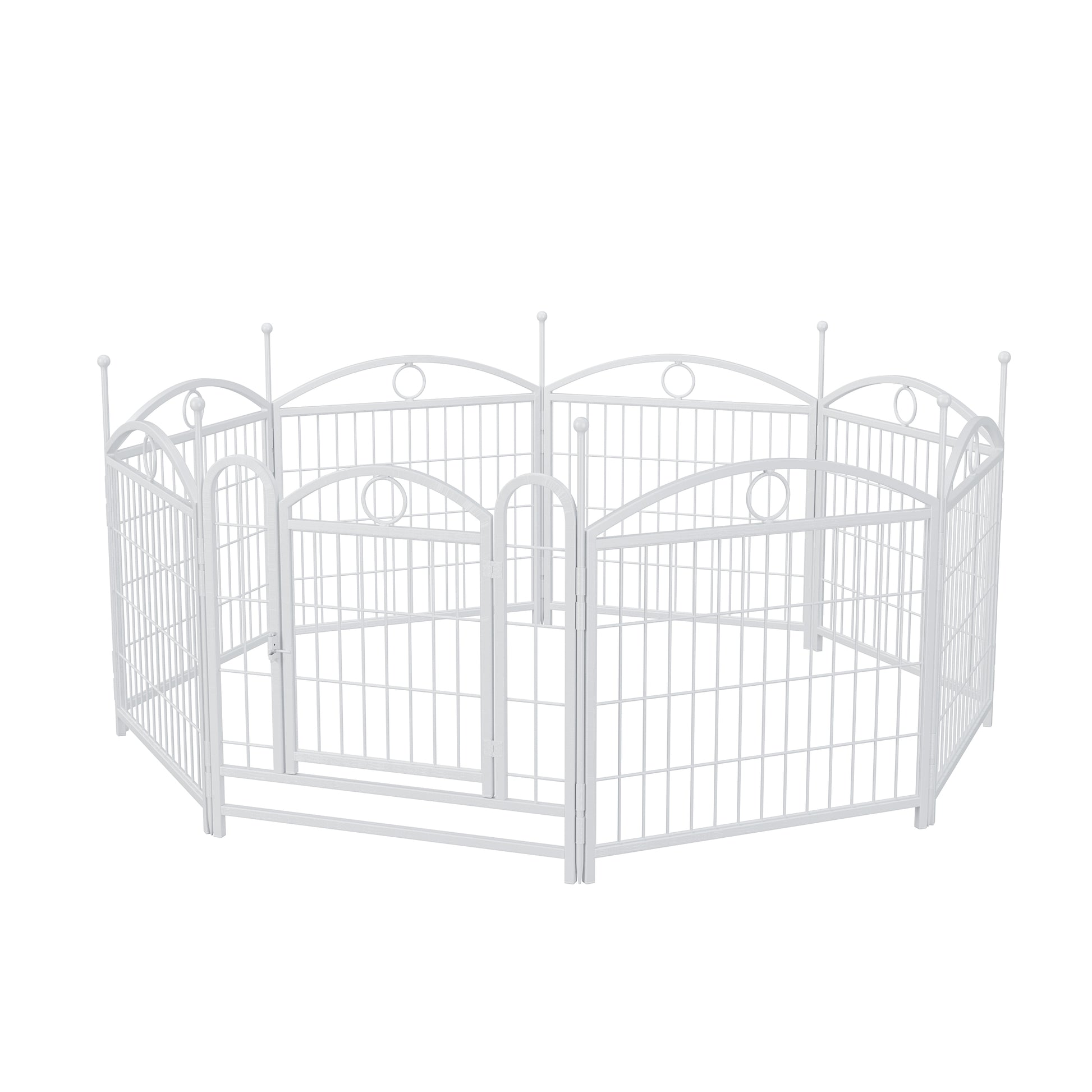 White metal pet playpen with arched top panels and a central gate