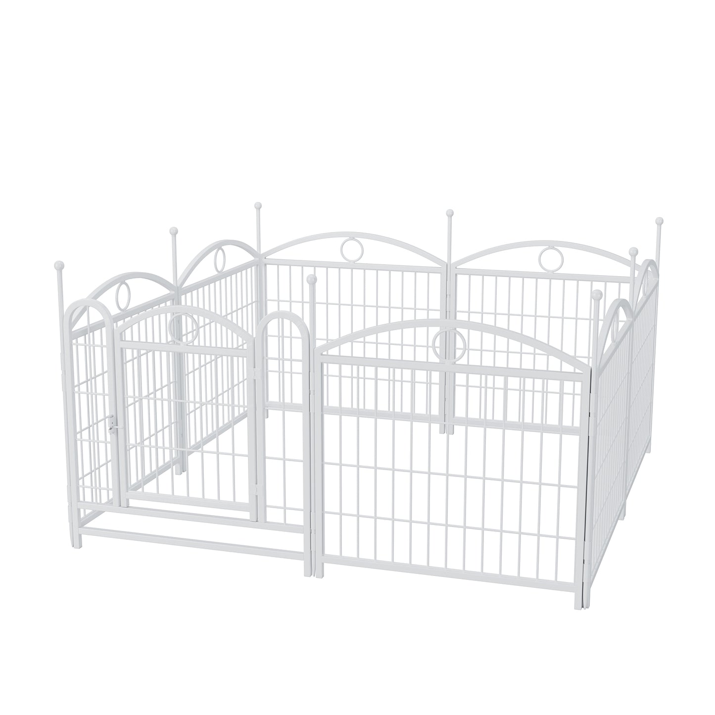 White metal dog playpen with arched top panels and builtin gate for small pets