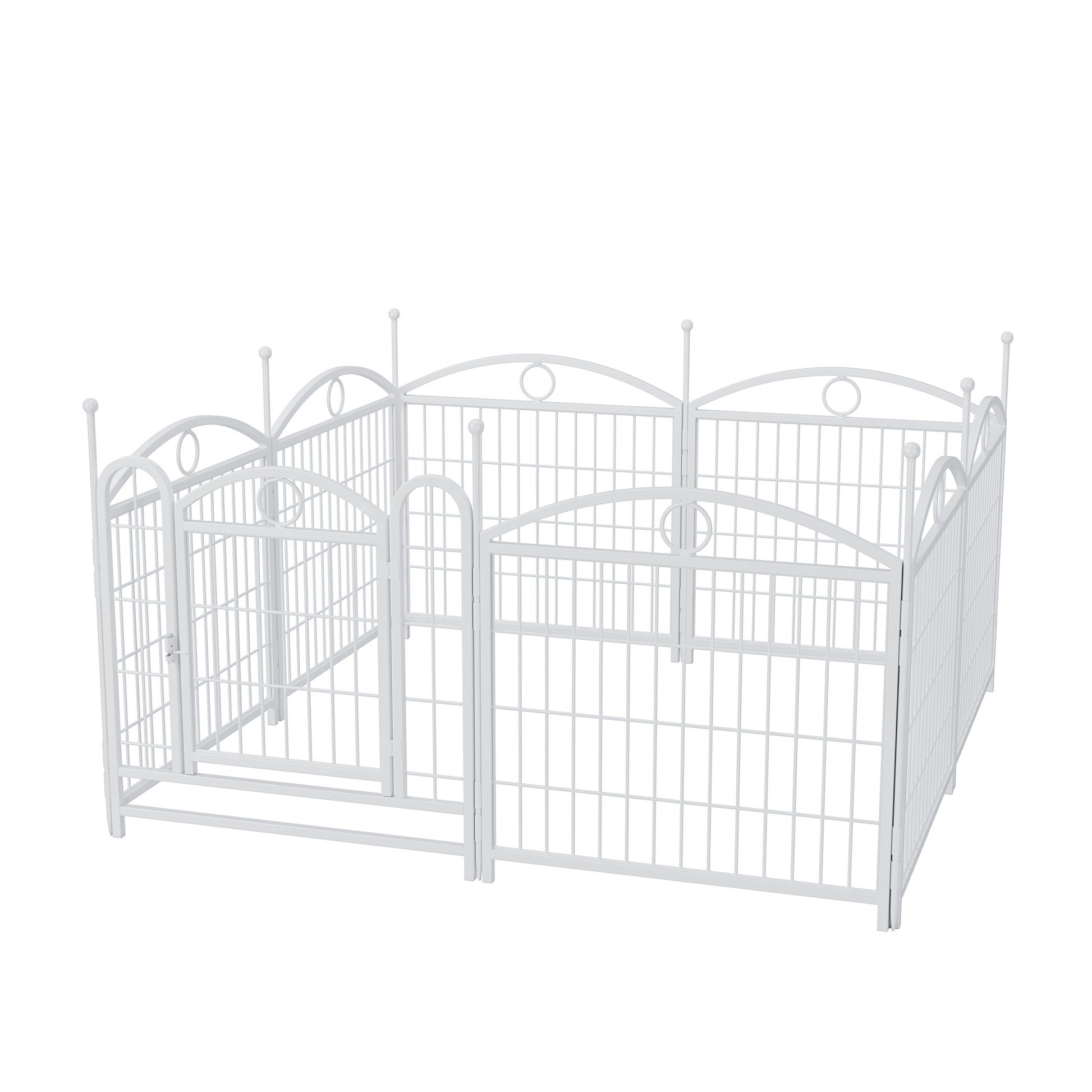 White metal dog playpen with arched top panels and builtin gate for small pets