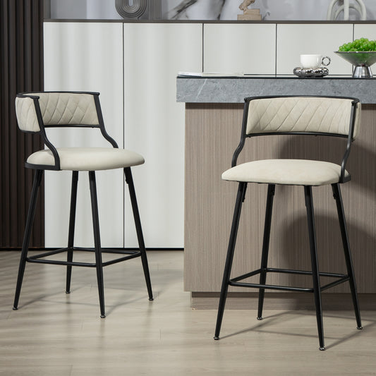 Two cream diamondstitched upholstered bar stools with black metal frames