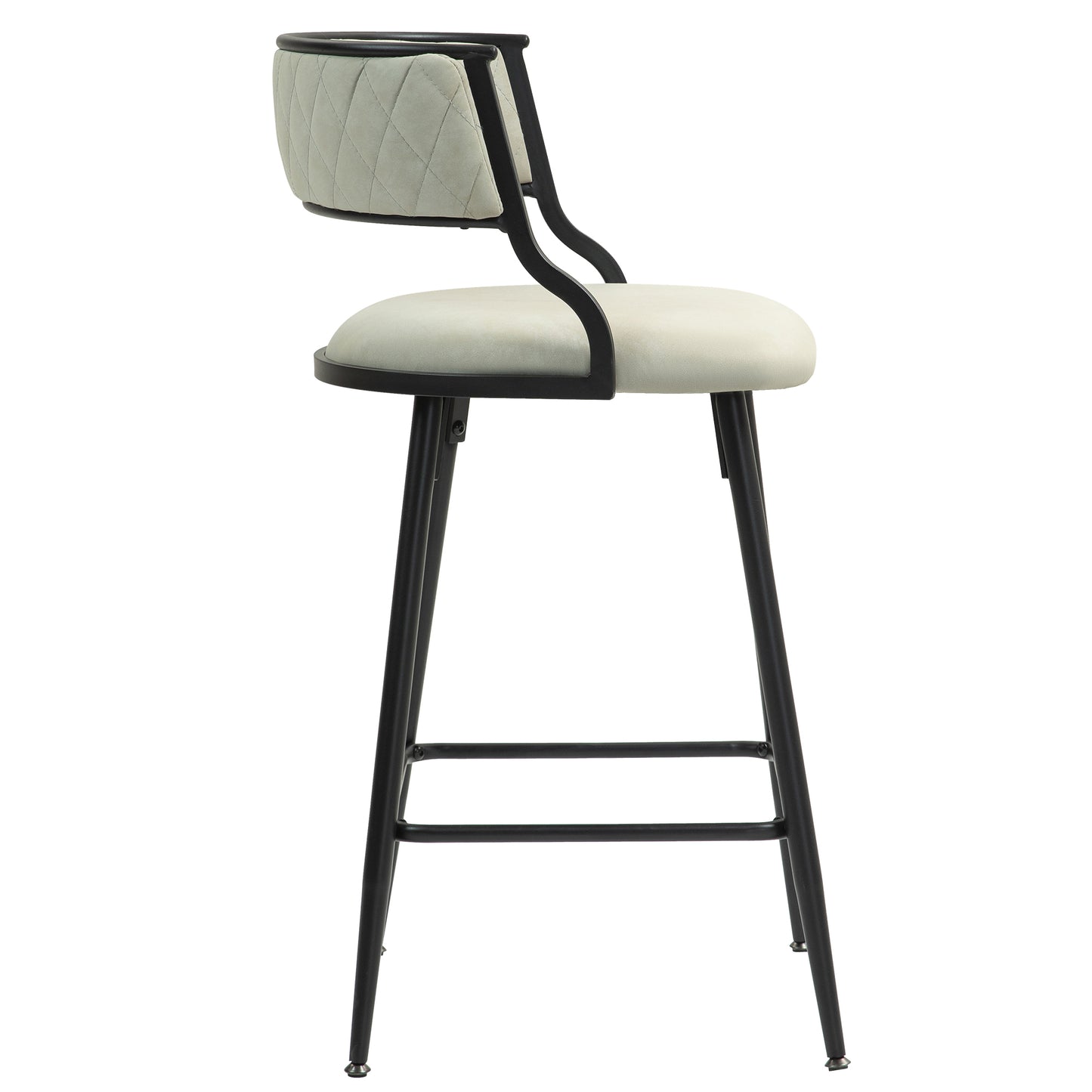 Cream upholstered bar stool with diamond stitching on the backrest and black metal legs