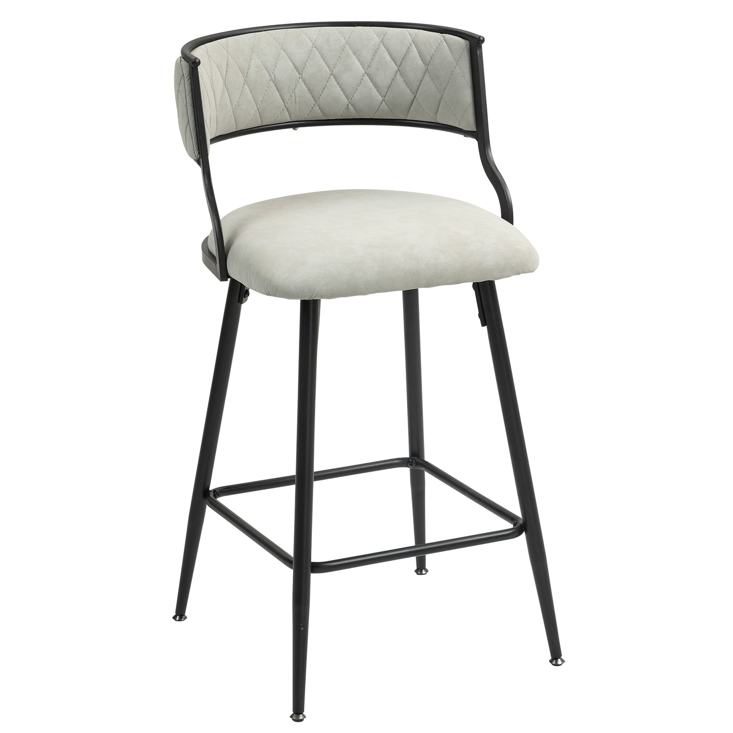 Light gray upholstered bar stool with diamond tufting on the back and a black metal frame