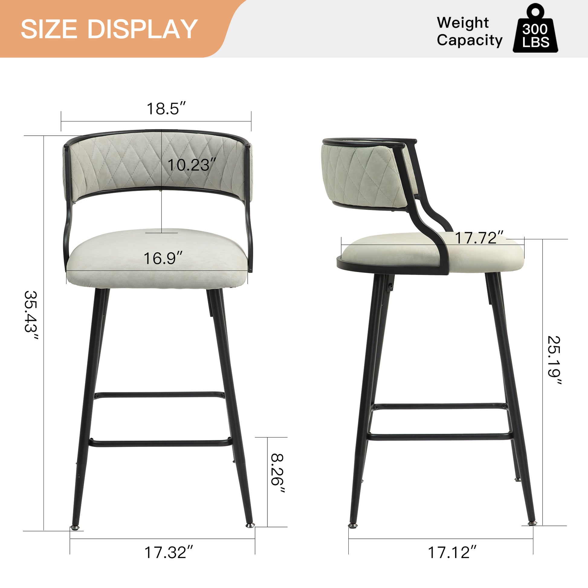 Light grey quilted back bar stool with black metal legs  width