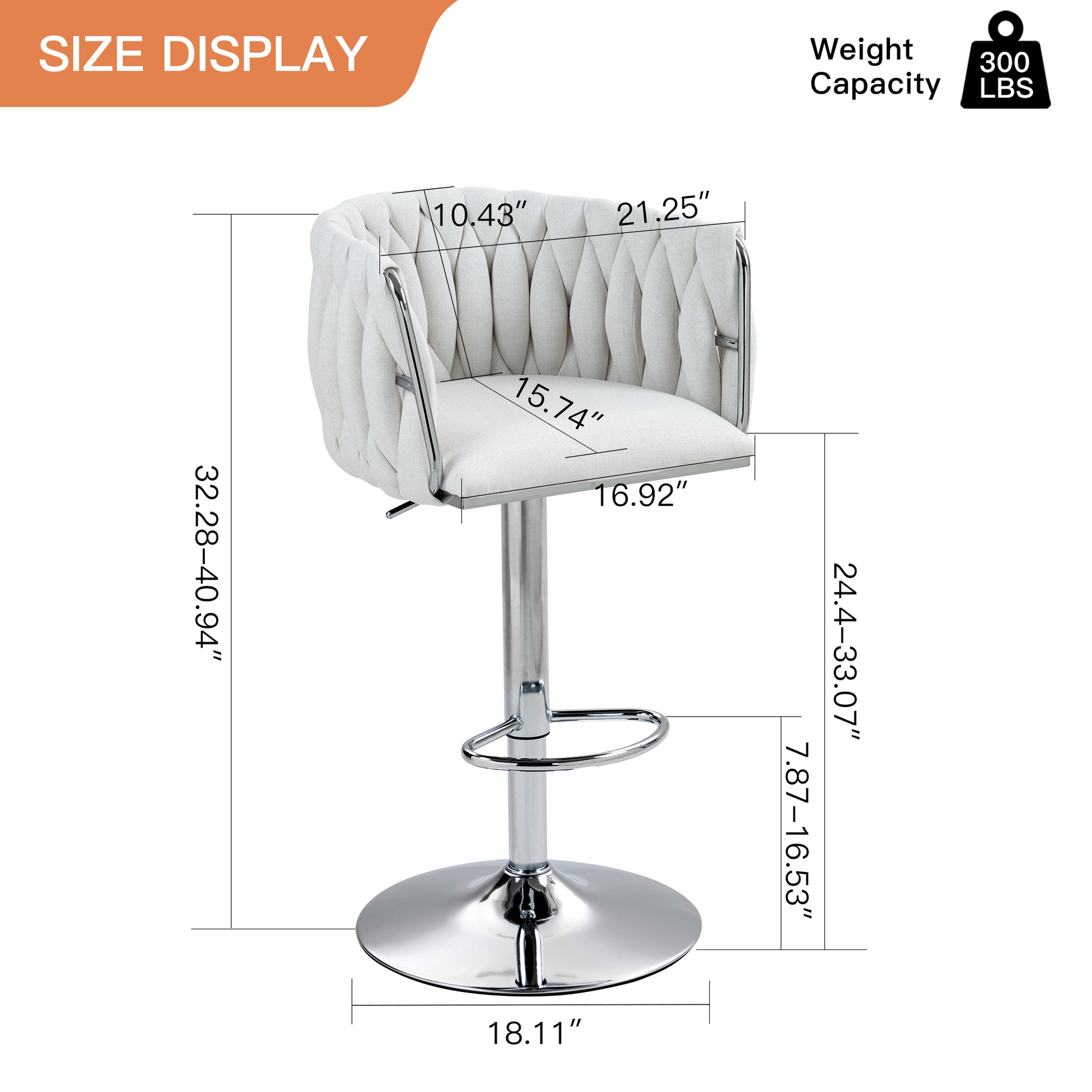 Adjustable height cream bar stool with tufted fabric and chrome base