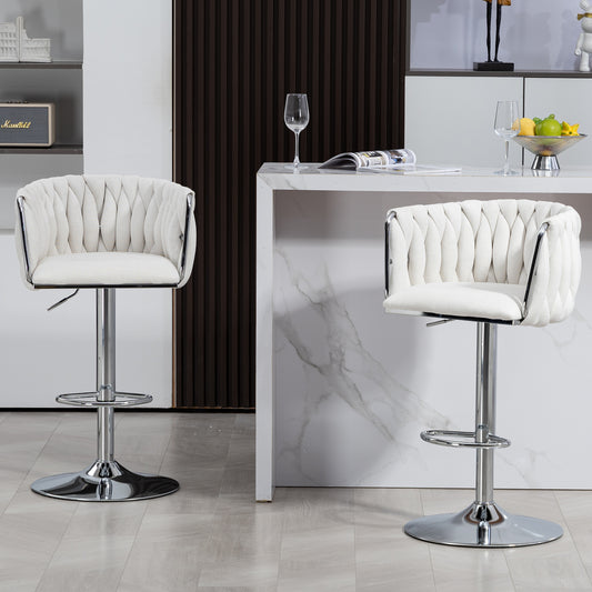 Plush white upholstered bar stool with tufted detailing and chrome accents