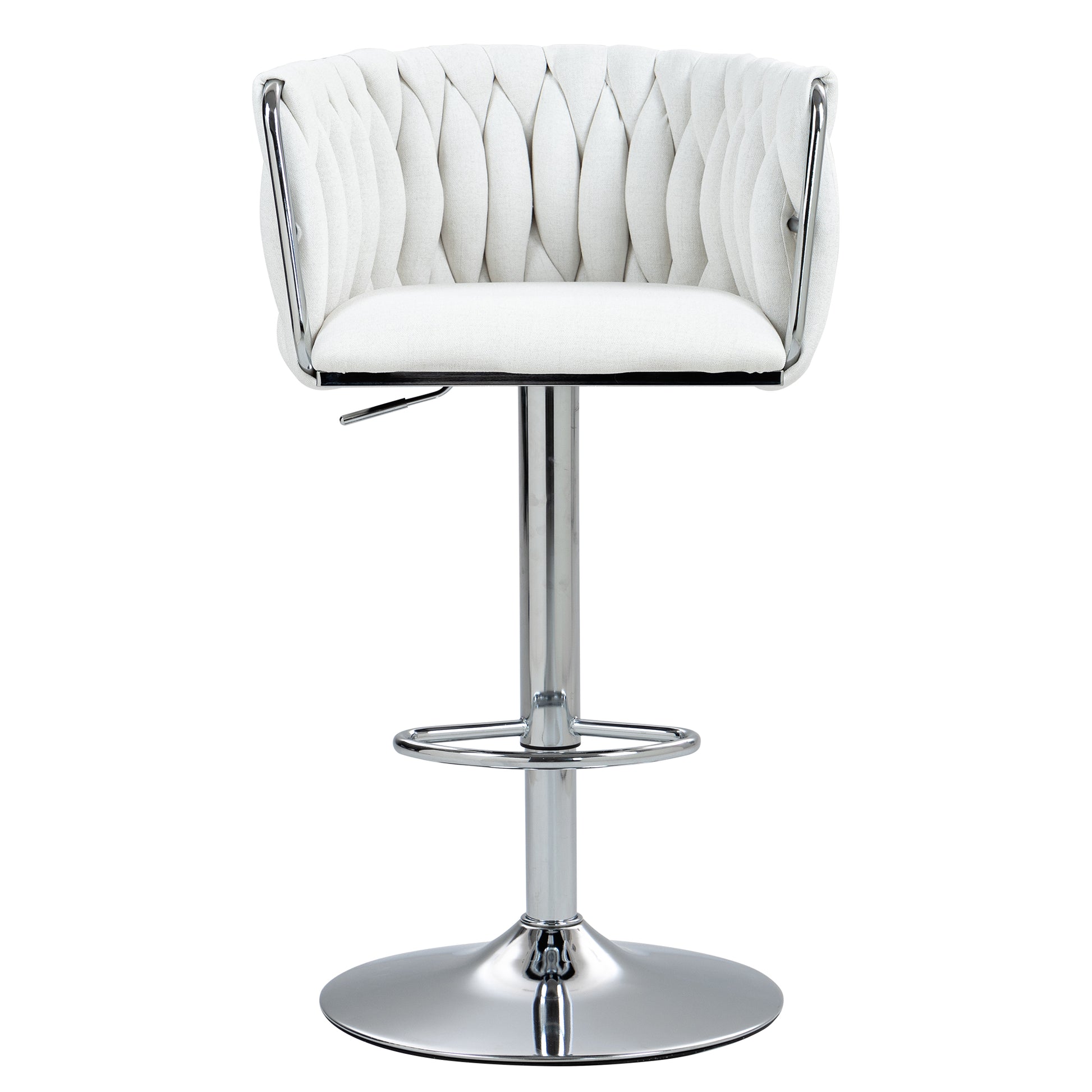 Modern white tufted bar stool with chrome accents and adjustable height