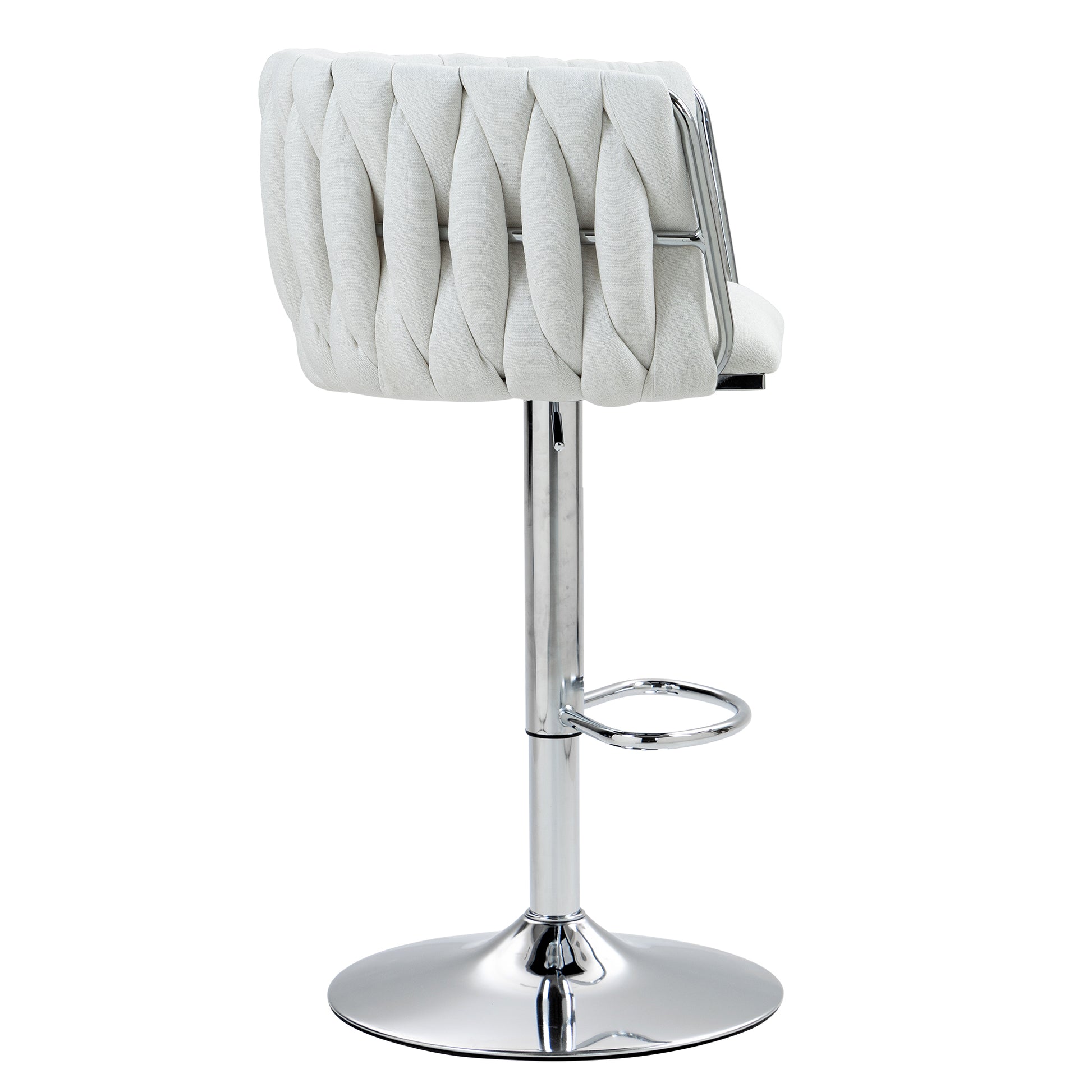 Cream tufted fabric bar stool with chrome pedestal base and footrest modern design