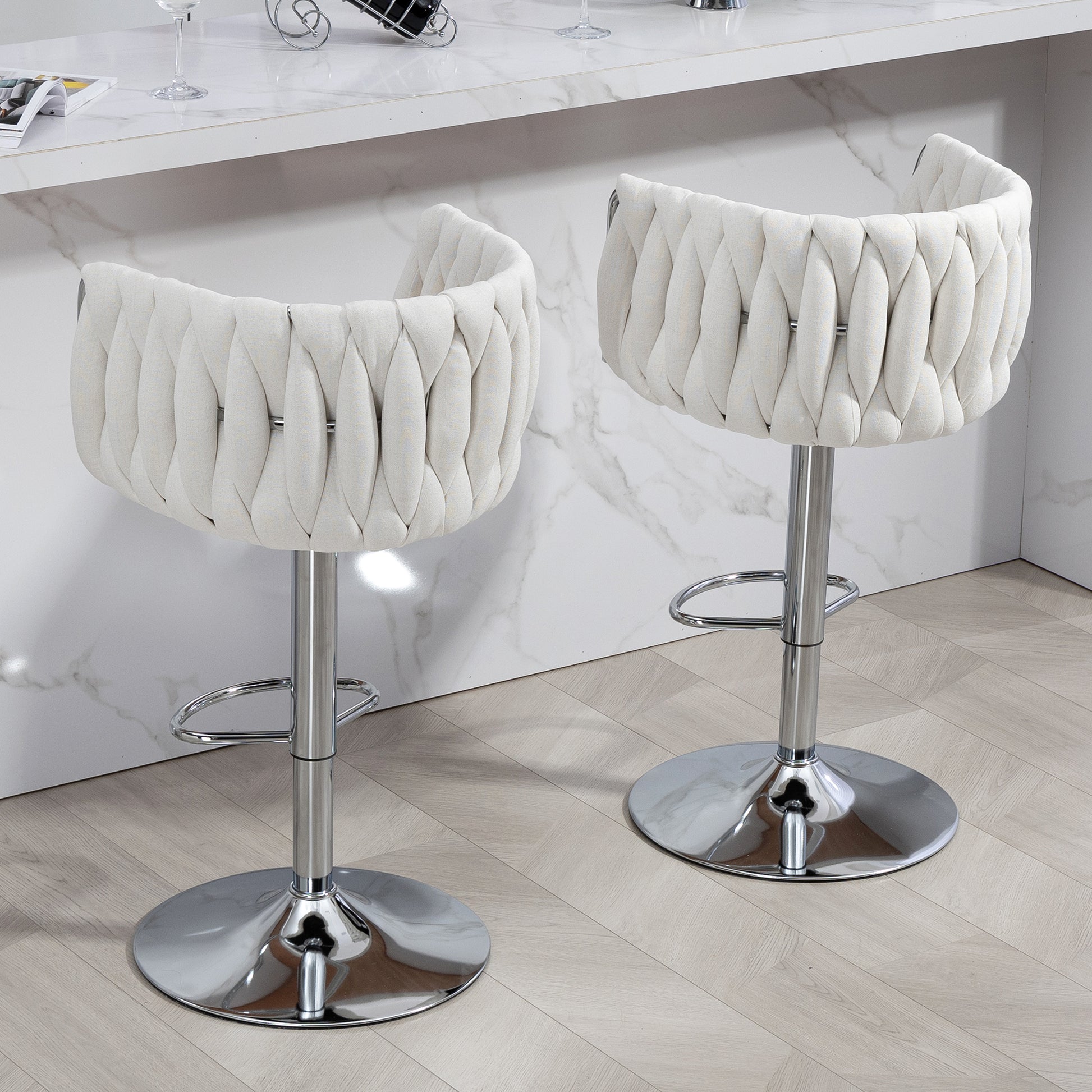 Adjustable cream fabric bar stool with braided design and chrome base