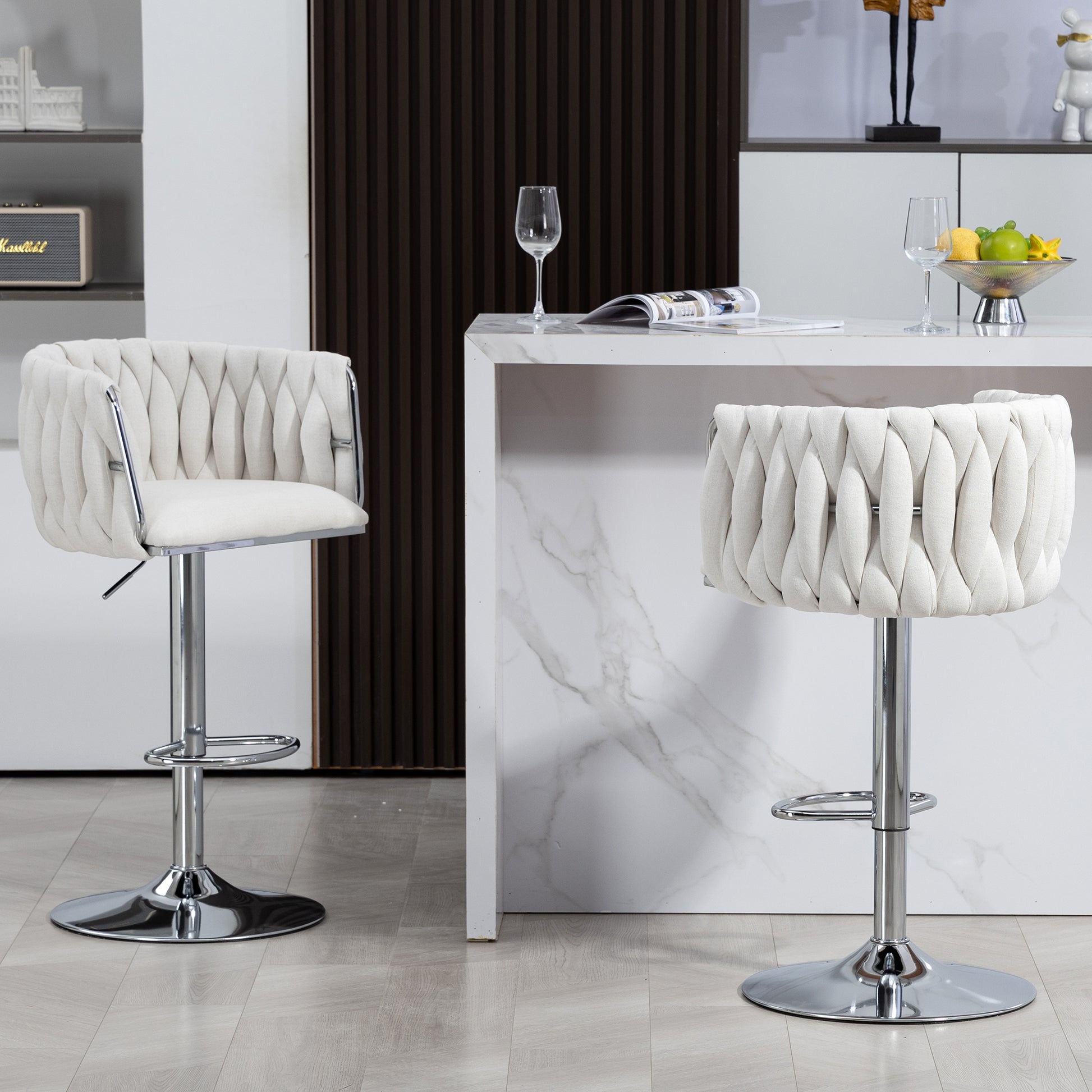 White braided fabric adjustable bar stool with chrome base  of