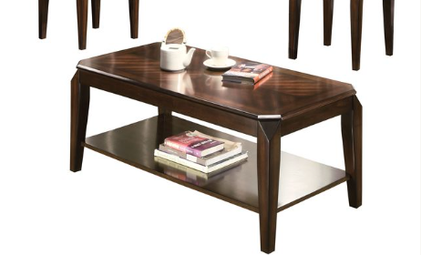 Rich brown wood coffee table with decorative inlay and lower shelf