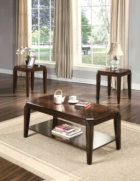 Dark brown wooden coffee table with open shelf holding books and magazines